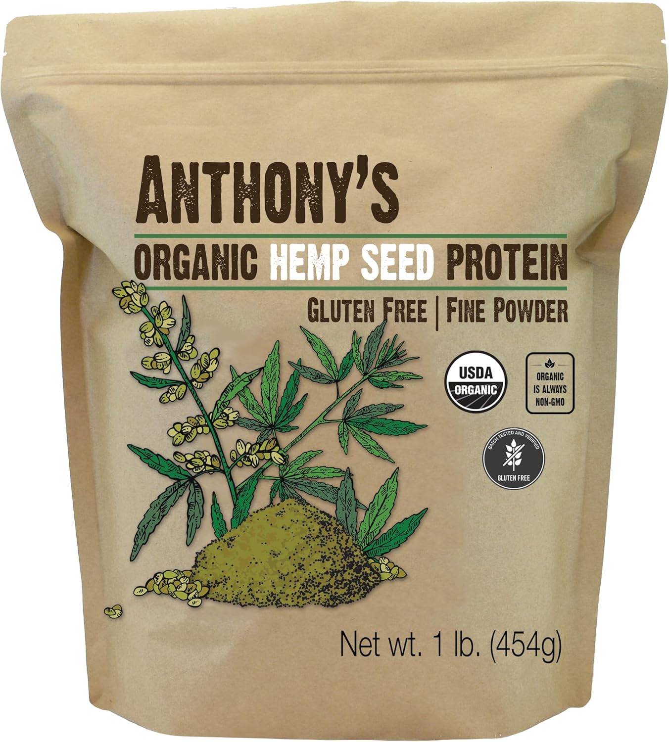 Anthony's Organic Hemp Seed Protein Powder, 1 lb, Cold Pressed, Gluten Free, Non GMO, Fine Powder