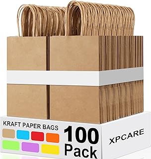XPCARE 100Pcs Paper Gift Bags 5.25x3.25x8.25'', Small Paper Bags with Handles Bulk, Shopping Bags, Kraft Bags, Retail Bags, Party Bags Brown(Brown)