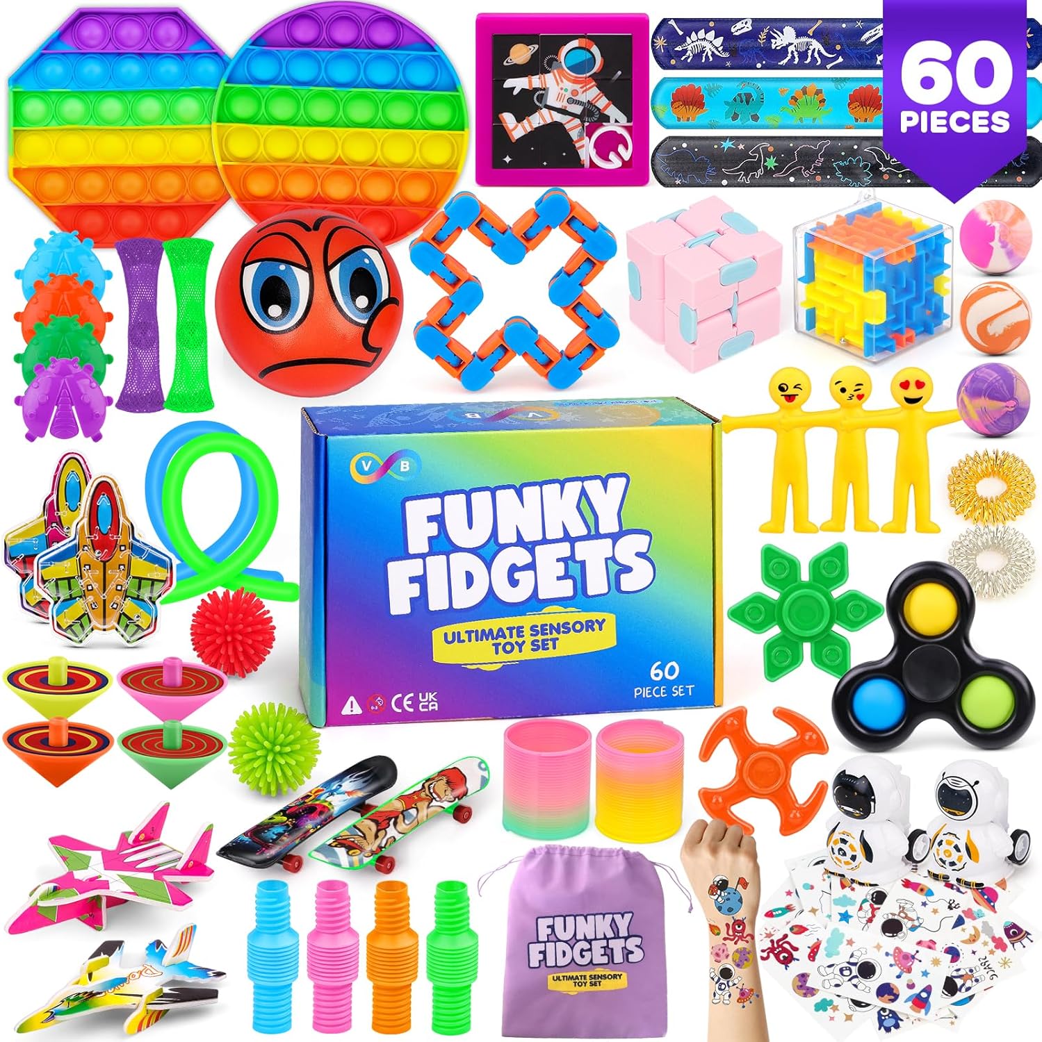 VB Fidget Toys for Kids Set – 60-Pcs Fidget Toys Pack for Pinata Stuffers, Classroom Prizes, Party Favours – Stress Relief Toy Multipack for Kids and Adults, School, Office, Travel