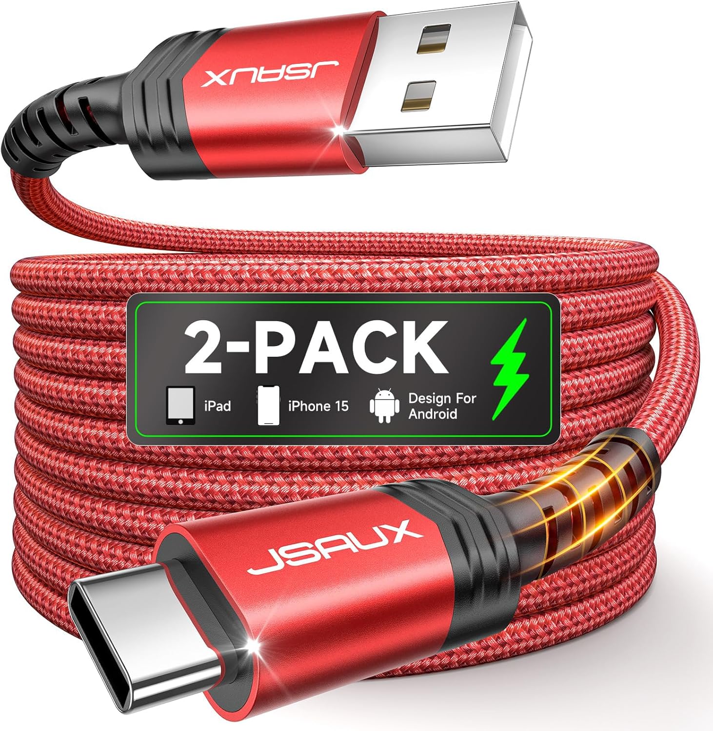 JSAUX USB C Cable [2-Pack 6.6ft], USB A to USB Cord 3.1A Fast Charging Compatible with iPhone 16/16 Plus/16 Pro/16 Pro Max/iPhone 16e/iPhone 15 Series, Samsung S20 S10 S9, Note 20 10, Car Play - Red