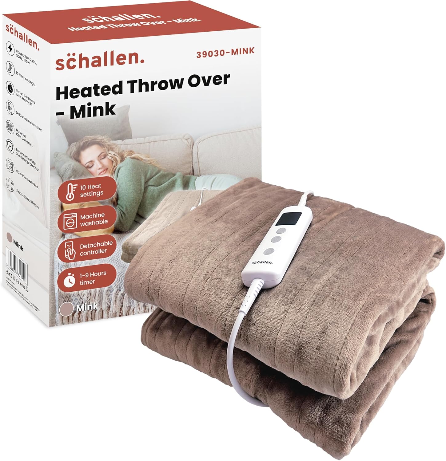 Schallen 120x160cm Soft Heated Warm Throw Over Blanket with Timer and 10 Heat Settings (Mink Beige)