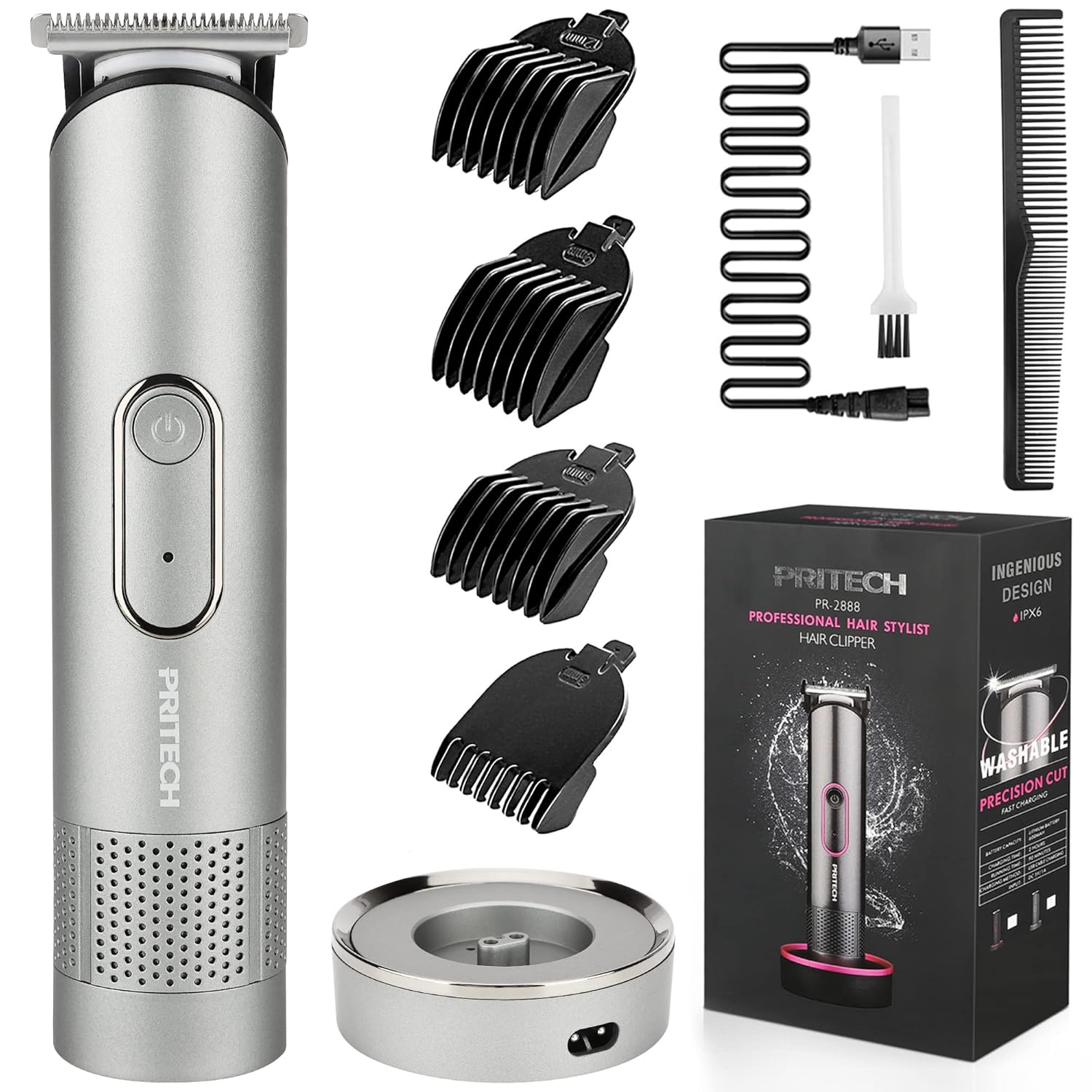 PRITECH Beard Trimmer for Men - Rechargeable Men's Electric Trimmer & Razor, Cordless Body Groomer for Face, Neck, Groin & Manscaping, Includes Standing Charging Dock, Ideal Gift for Men, Gray