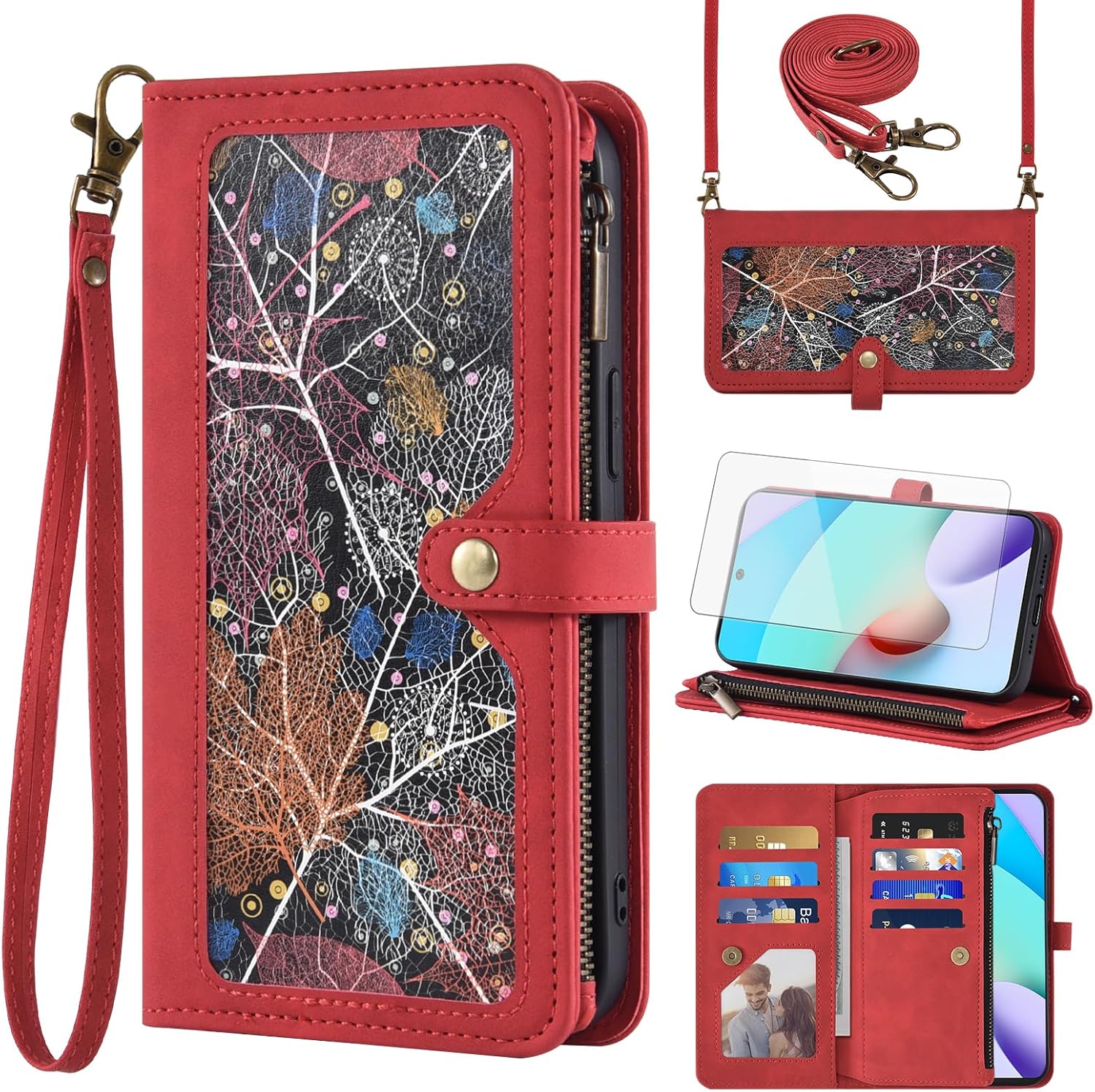 Asuwish Phone Case for Xiaomi Redmi 10/Redmi10 Prime Wallet Cover With Screen Protector Crossbody Wrist Strap Leather Flip Pattern Zipper Credit Card Holder Stand Cell Redme 10 2022 Women Men Red