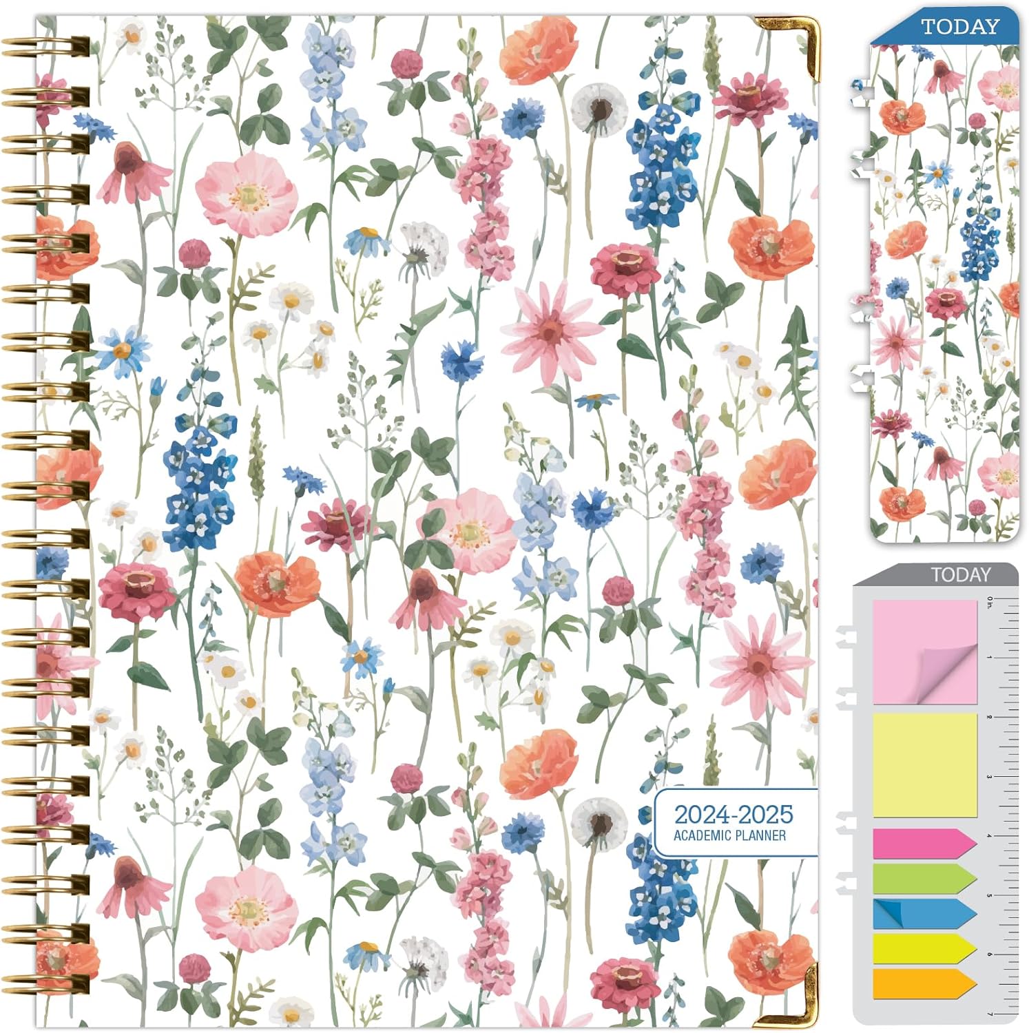 HARDCOVER Academic Year 2024-2025 Planner: (June 2024 Through July 2025) 8.5"x11" Daily Weekly Monthly Planner Yearly Agenda. Bookmark, Pocket Folder and Sticky Note Set (Colorful Botanicals)