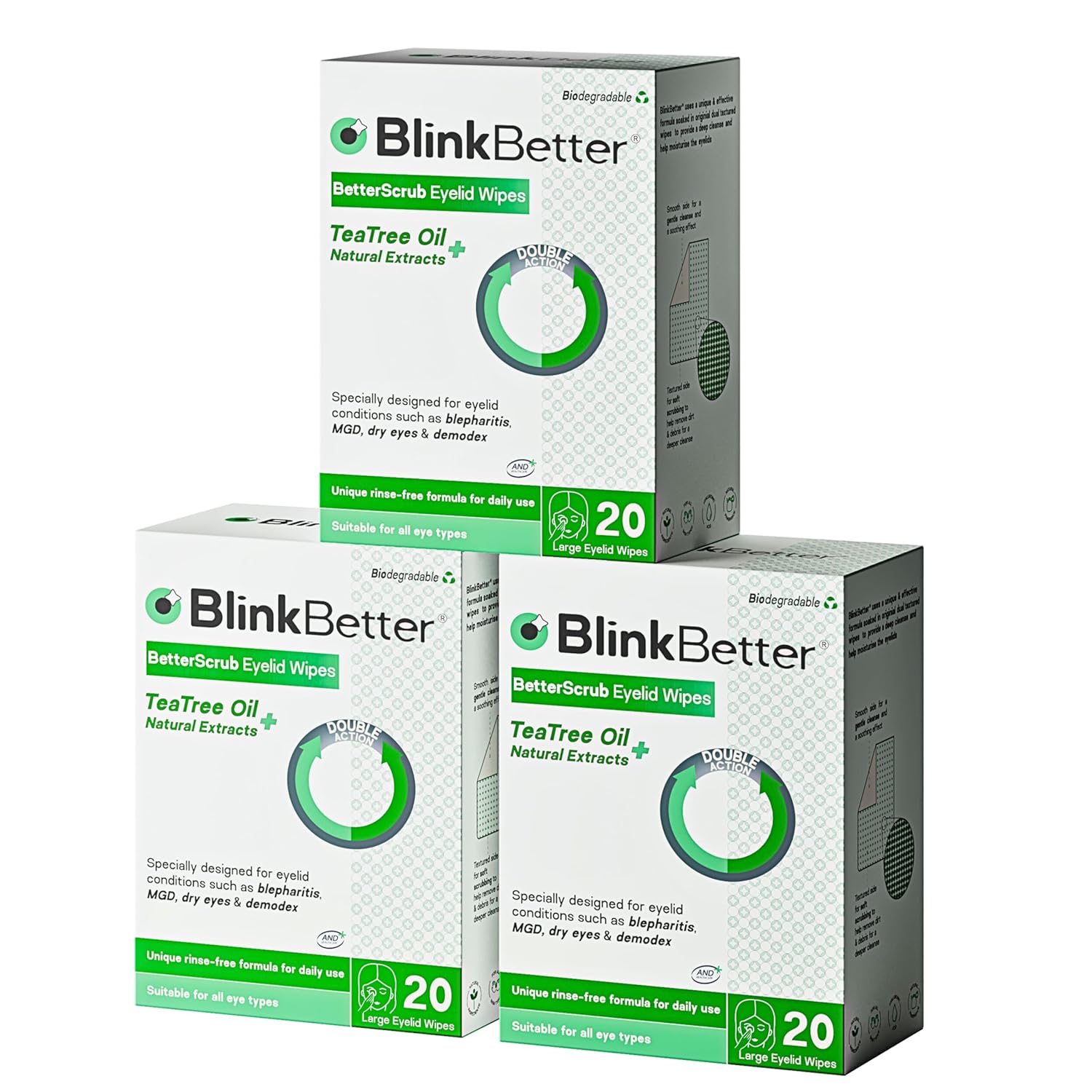 Tea Tree Oil Eyelid Wipes- 60 (Pack of 3) Natural Blepharitis, MGD & Dry Eye Relief Wipes | Cleansing, Soothing, Dual-Textured, Triple Moisture Formula | Biodegradable & Gentle