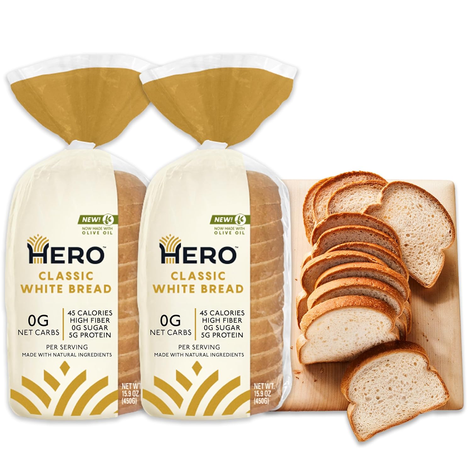 Hero Bread™ Sliced White Bread — Delicious Bread with 0g Net Carb, 0g Sugar, 45 Calories, 10g Fiber per Slice | Tastes Like Regular Bread | Low Carb & Keto Friendly Bread Loaf —15 Slices/Loaf, 2 Loaves
