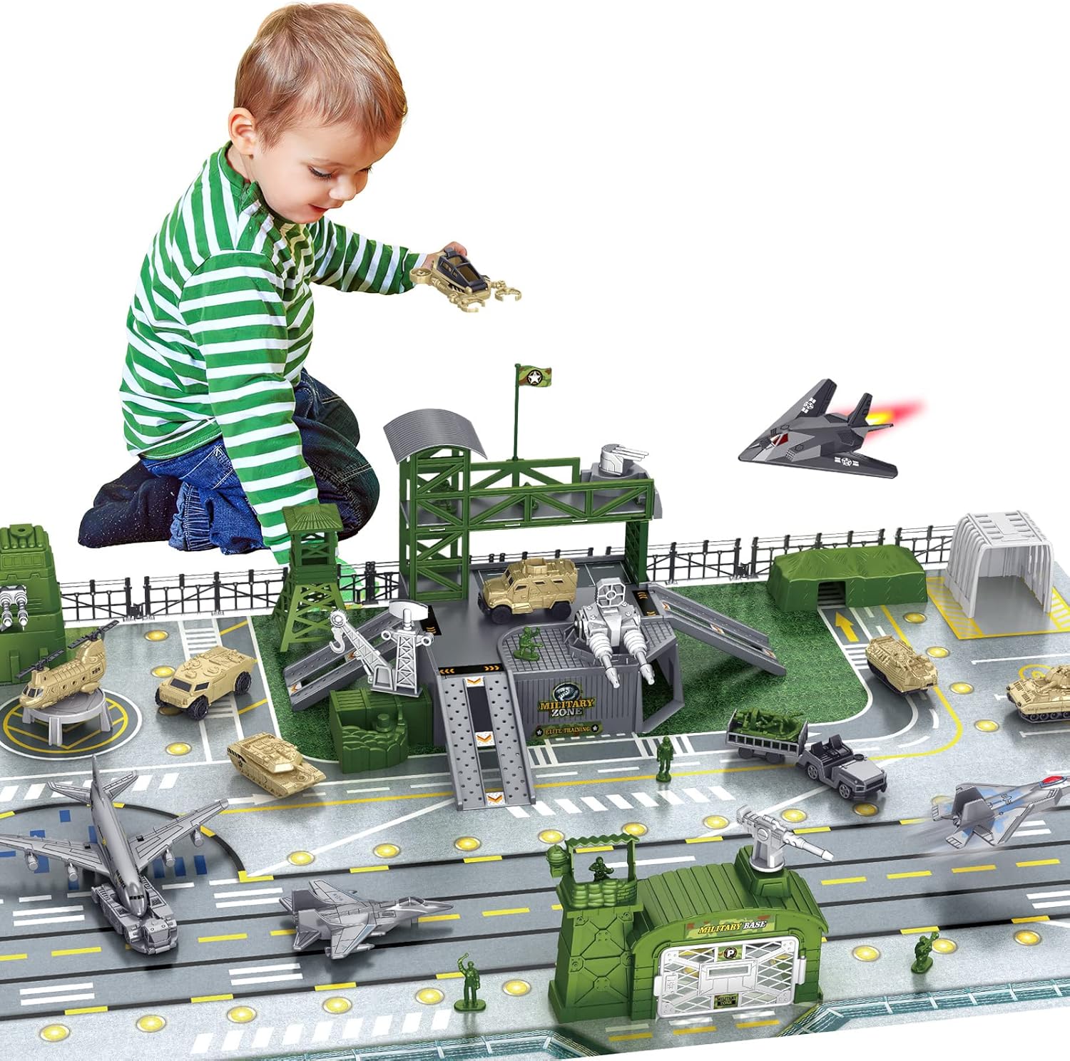 deAO Military Base Set, Army Toys for 3 4 5 Year Old Boys Girls Kids, Army Men Playset with Military Vehicle, Weapon Gear Accessories, Vehicles Accessories and Play Map