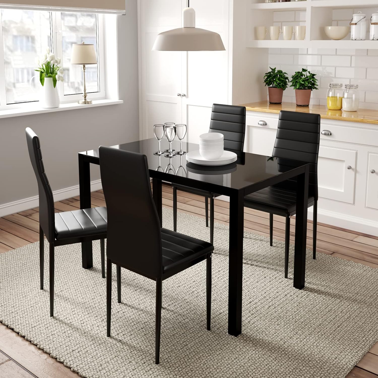 Jooli H Black Dining Table and Chairs Set 4, Glass Kitchen Table with 4 Faux Leather Upholstered Metal Chairs Modern Dining Room Sets for Home