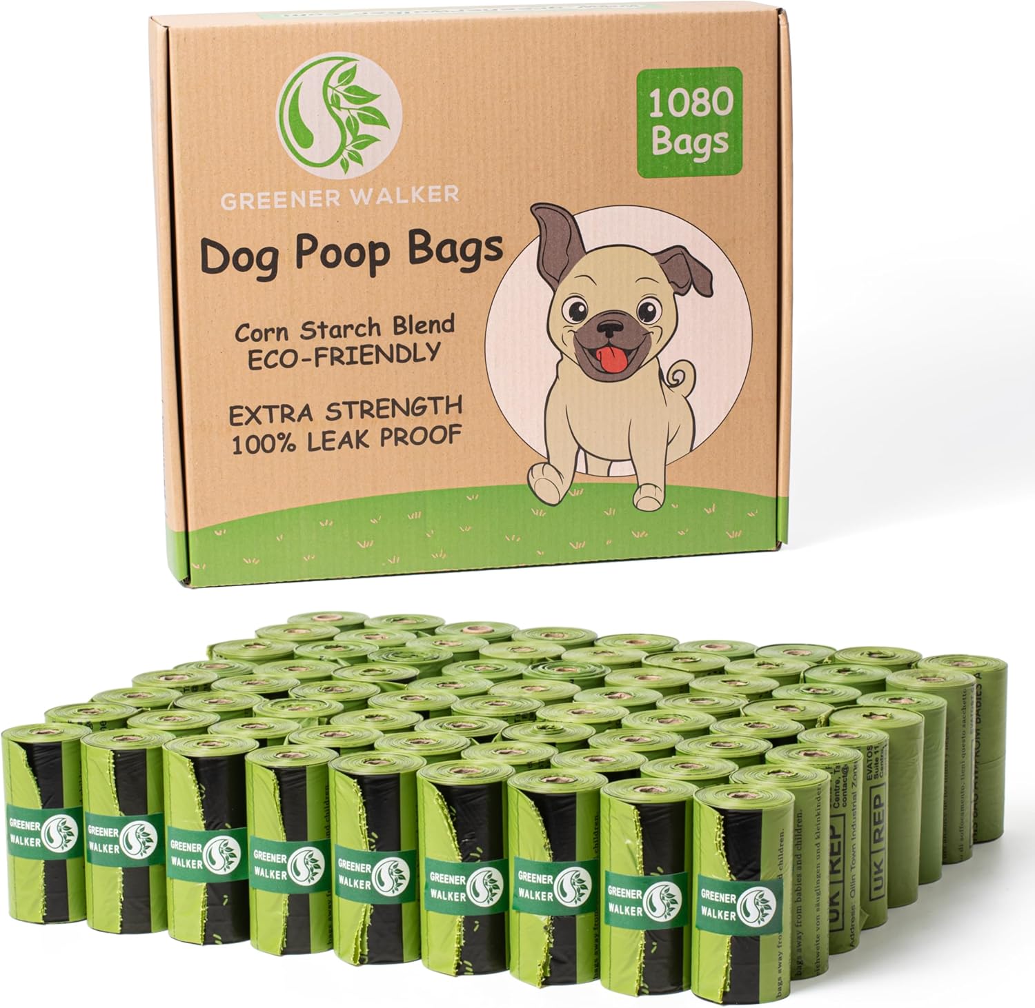 GREENER WALKER Poop Bags for Dog Waste, 1080 Doggy Waste Bags Extra Thick Strong 100% Leak-Proof (Green)