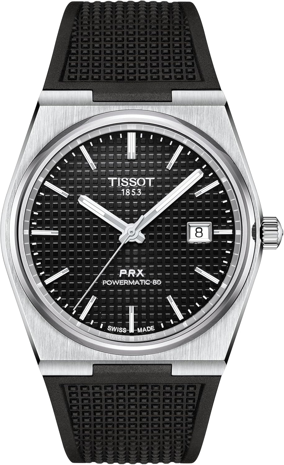 Tissot Mens PRX Powermatic 80 316L Stainless Steel case Automatic Watches, Black, Rubber, 12 (T1374071705100)
