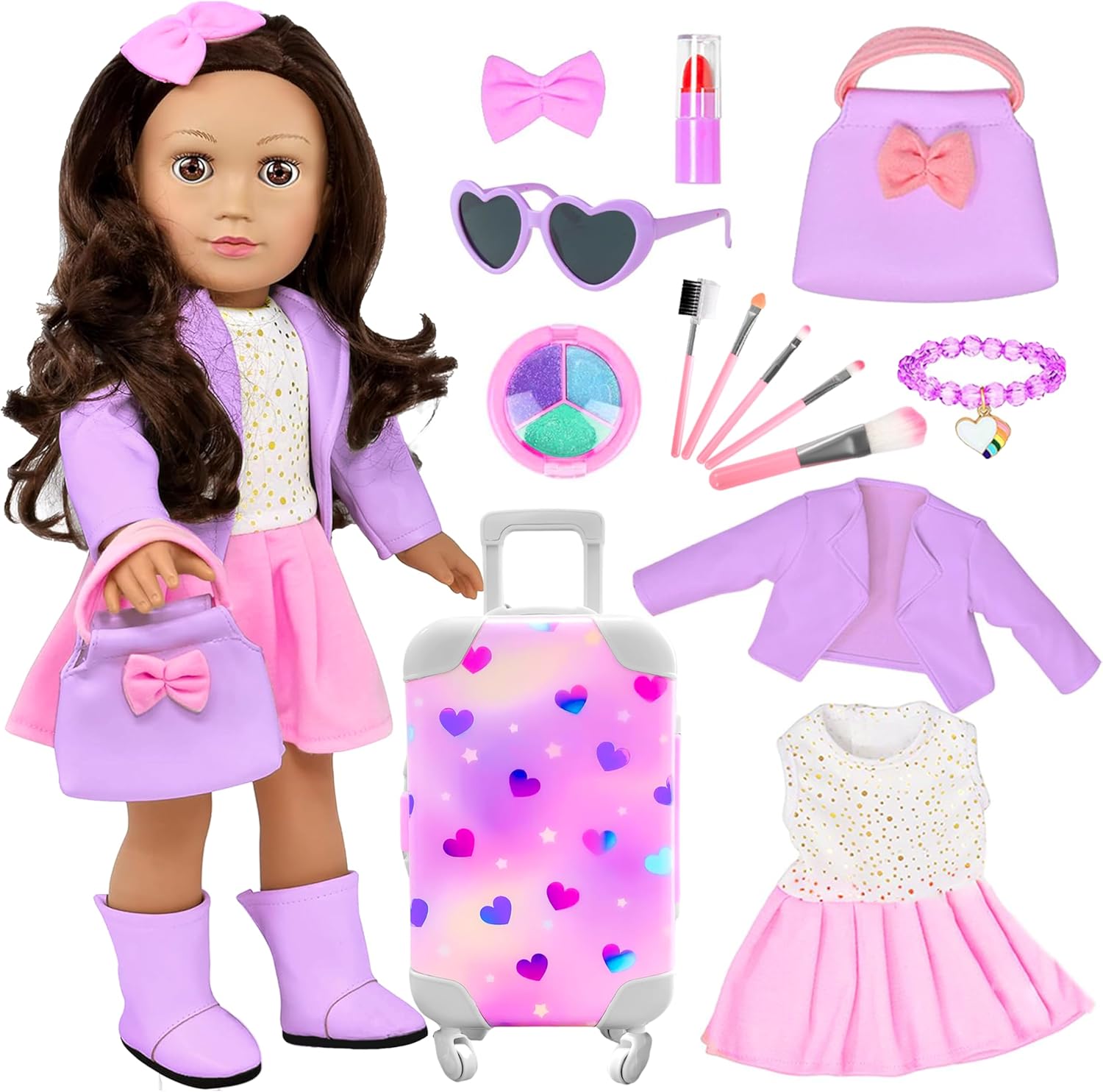 American 18 Inch Doll Accessories Case Luggage Travel Makeup Play Set With Clothes,Tote Bag,Sunglasses,Eye Shadow,Lipstick,Hairpin,Bracelets,Eyelash Brush For 18" Dolls Toy Stuff,No Doll And Shoes