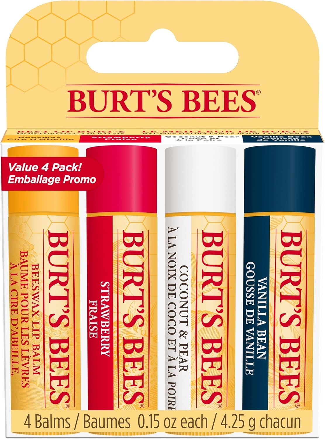 Burt's Bees Lip Balm Multipack, Lip Balm Set, Beeswax, Strawberry, Coconut & Pear, Vanilla Bean, Best of Burt's, 4x4.25g