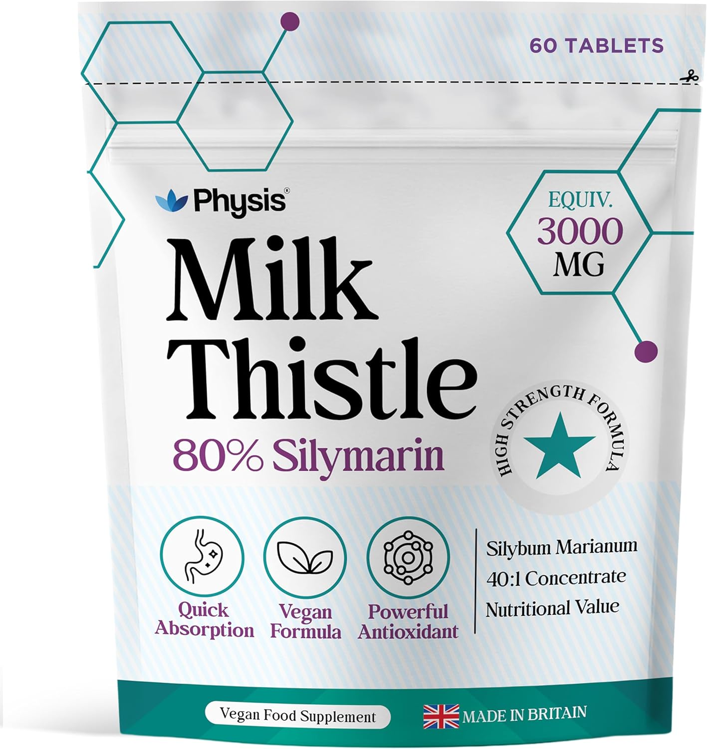 Physis Milk Thistle High Strength | 80% Silymarin | Liver Support Supplements | Milk Thistle Seeds | Vegan Food Supplement | 60 x Tablets | Made in Britain