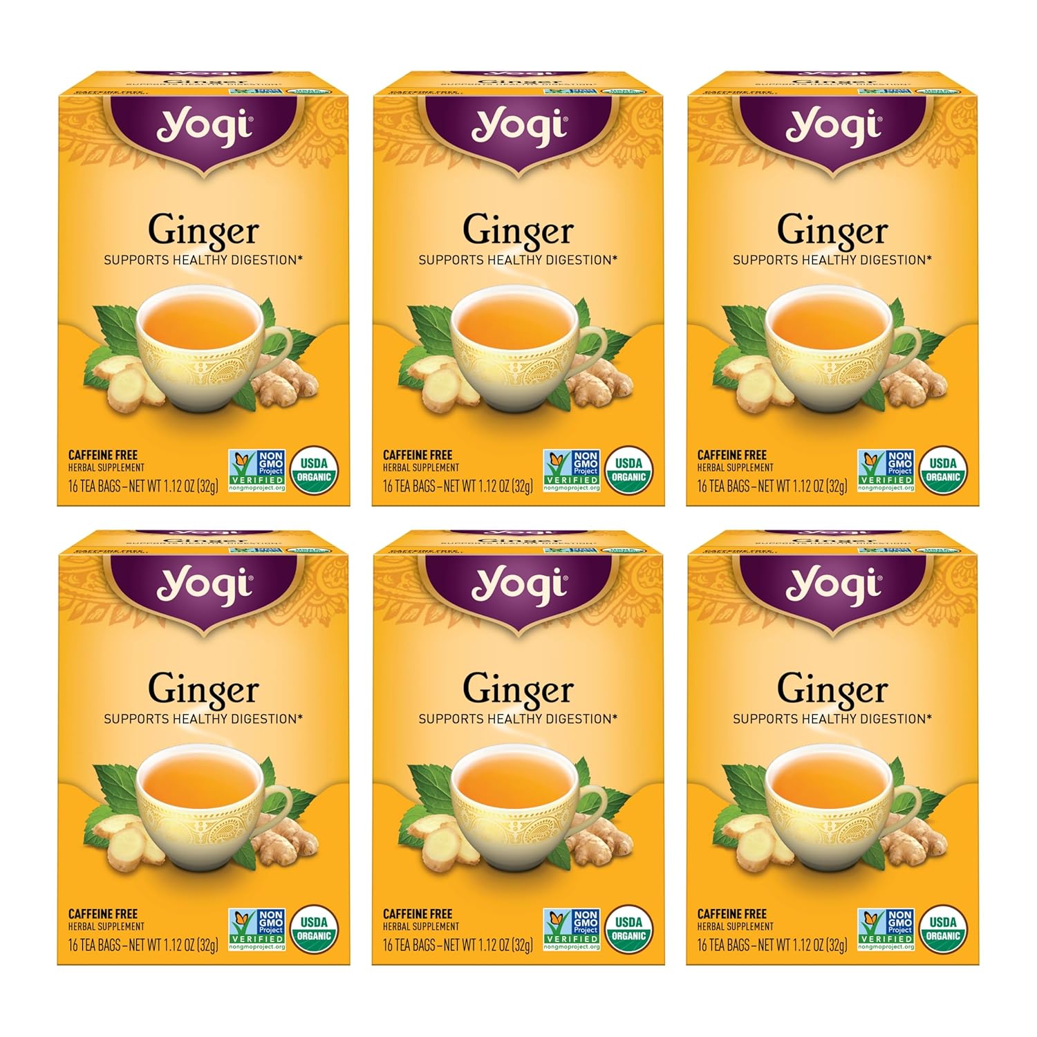 Yogi Tea - Ginger Tea (6 Pack) - Supports Healthy Digestion - Soothing and Spicy Blend - Caffeine Free - 96 Organic Herbal Tea Bags
