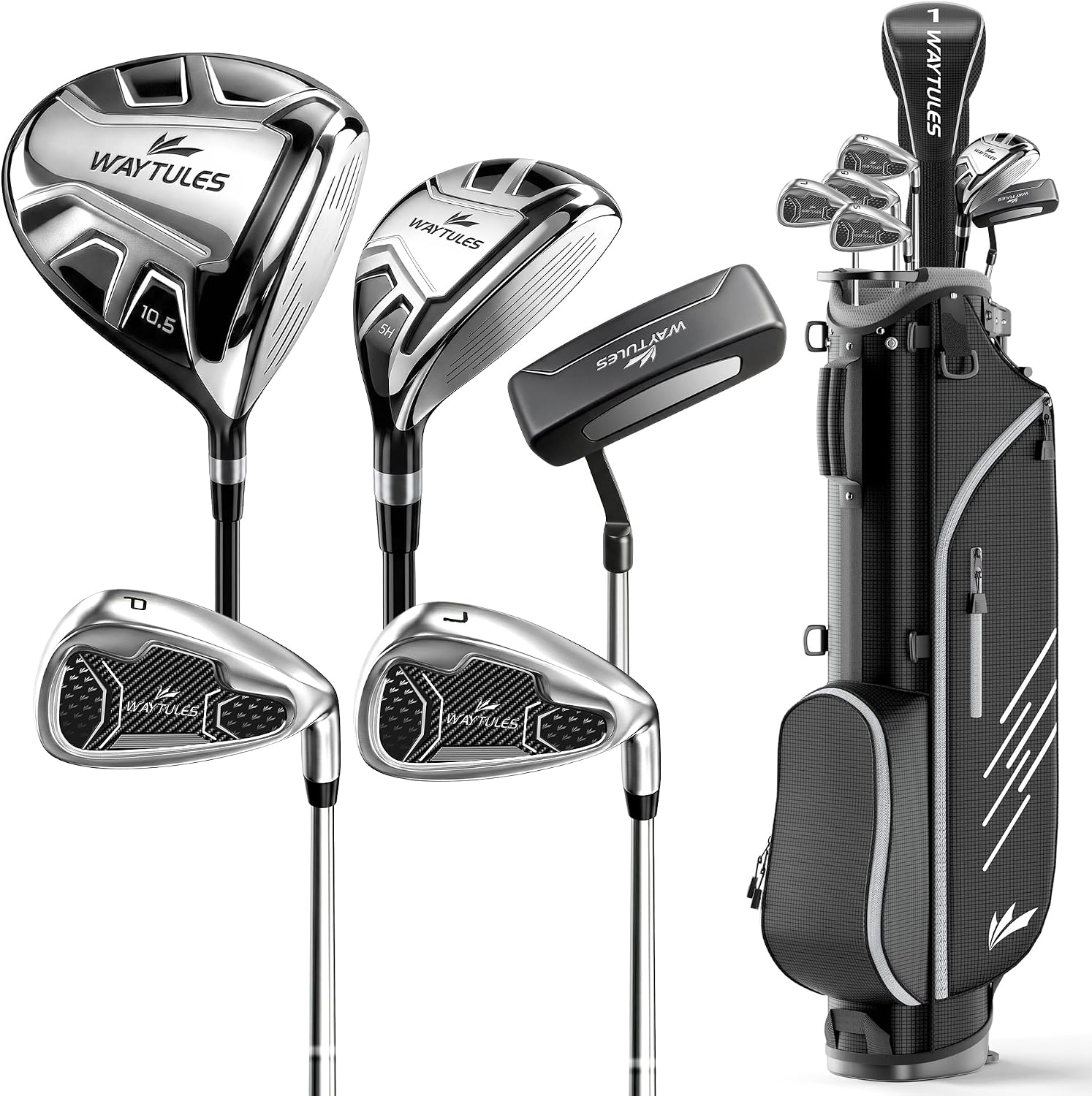 6-8-Piece Complete Golf Club Set for Men โ Adult Golf Clubs with Stand Bag, Driver, Hybrid, 5/7/9/P Irons & Putter, Right Handed