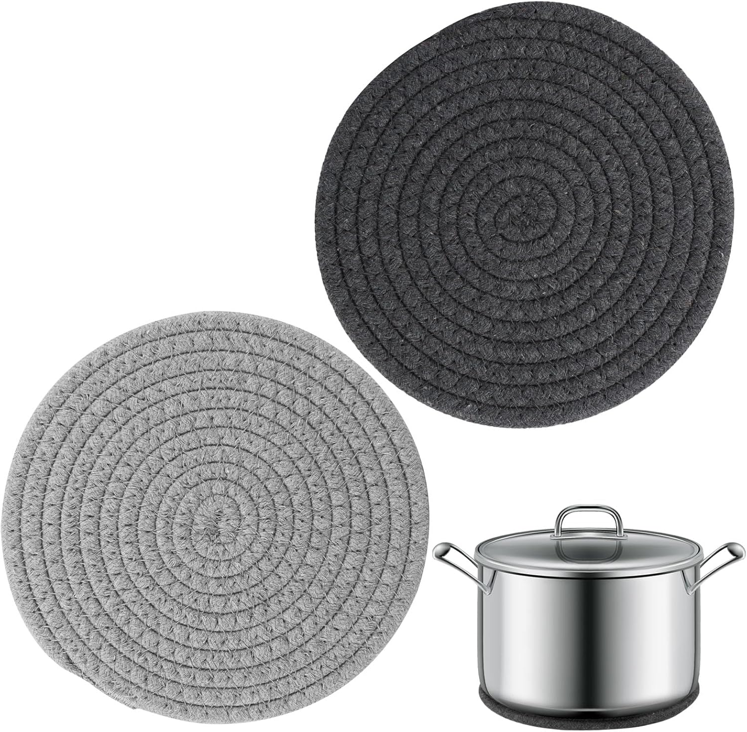 2 pcs Cotton Thread Heat Trivet 18cm Trivet for Hot Dishes Grey Cotton Coasters Table Heat Resistant Mat Hot Pads for Kitchen Cooking Dining Table Home Supplies