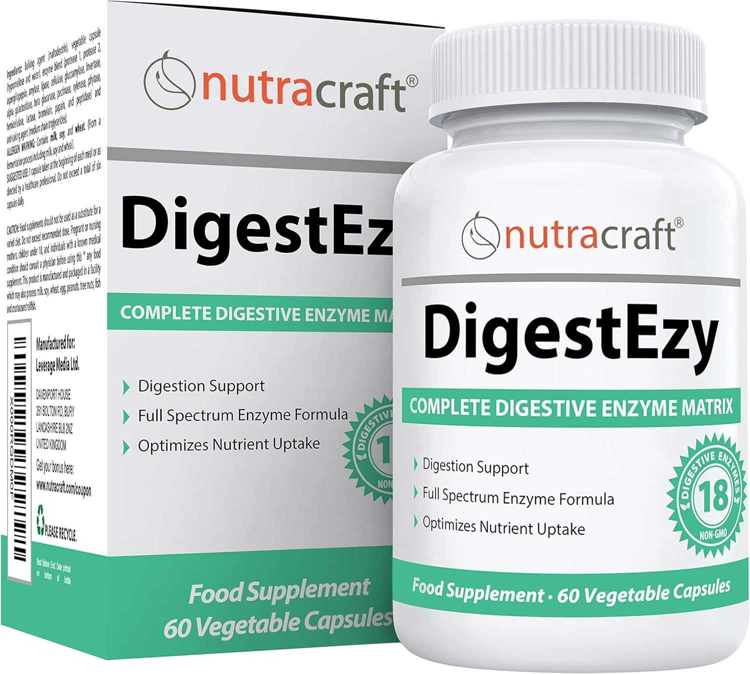 DigestEzy #1 Digestive Enzyme Supplement for Gas, Bloating & Digestion | Premium Multi-Enzyme Formula | Papain, Bromelain, Amylase, Lipase, Cellulase | Lab Tested & Easy to Swallow | 60 Vege Capsules