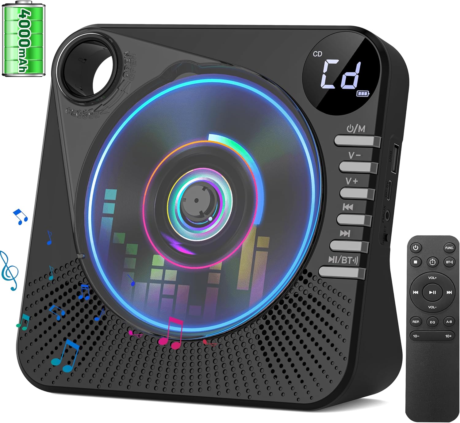 Rechargeable CD Player Portable with Bluetooth,4000mAh HiFi Speakers,Wireless CD Players with Remote Control,A-B Repeat, LED Display, Support CD/USB/AUX/3.5mm Jack CD Player for Home(Black)