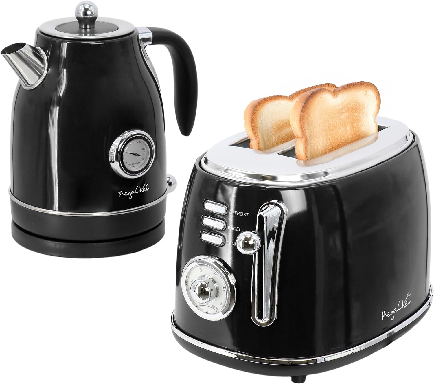 MegaChef 1.7 Liter Electric Tea Kettle and 2 Slice Toaster Combo (Black)
