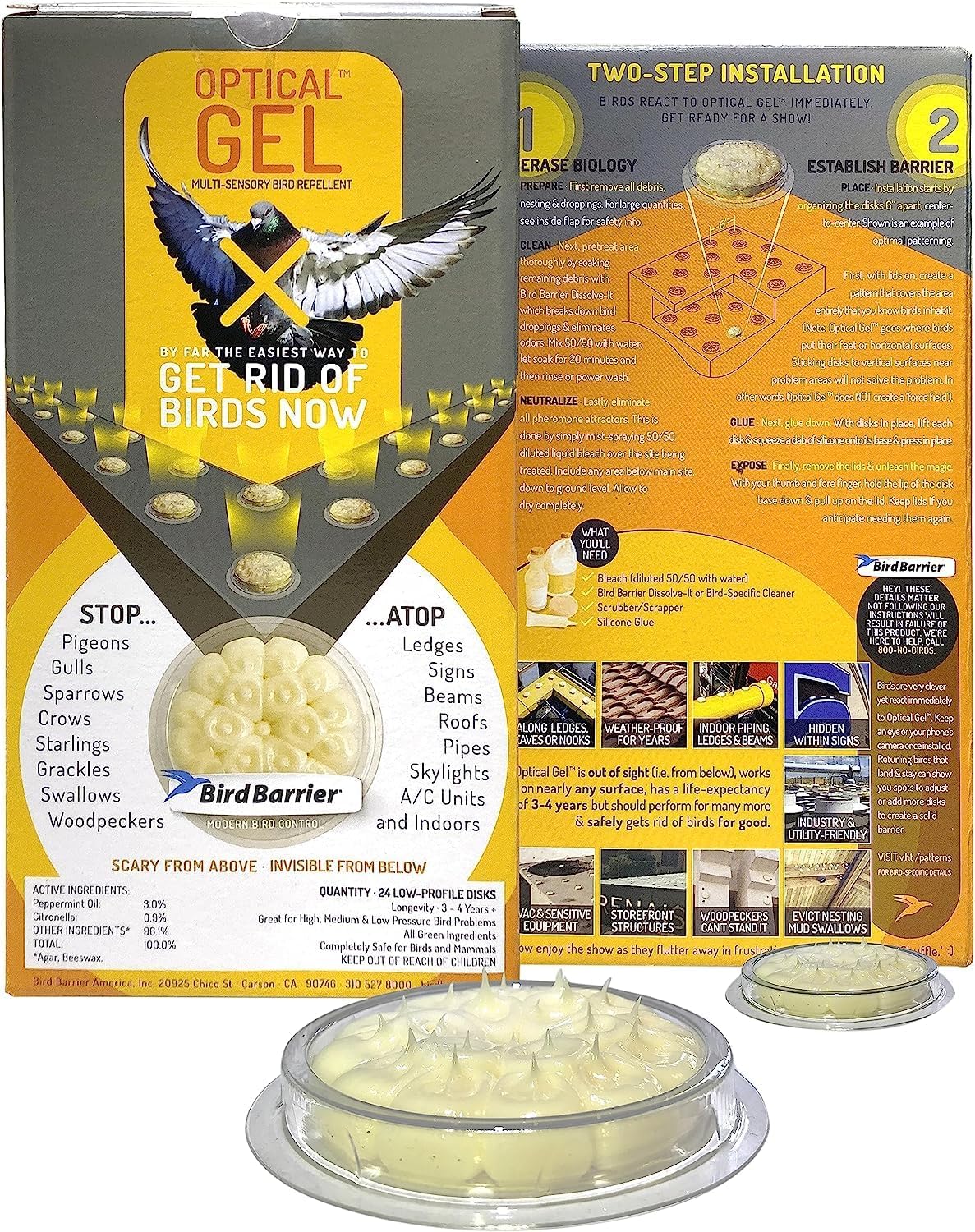 Bird Barrier Optical Gel 24 Pack | Natural Multisensory Bird Deterrent | Easy Installation | Discreet Appearance | Long-Lasting Solution | Repels Birds on Roofs, Beams Signs, Soffits, Ledges, and More