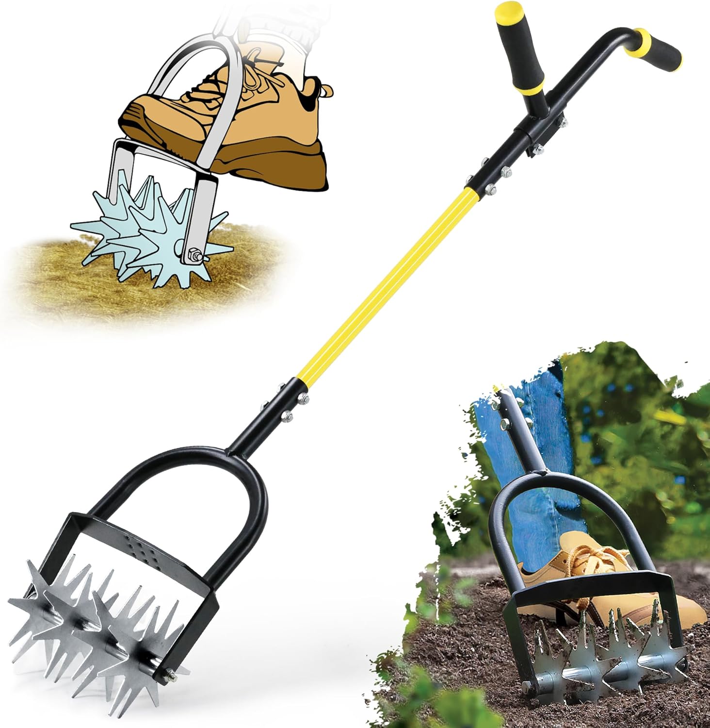 Jardineer Rotary Cultivator for Gardening, Long Handle Garden Cultivator for Soil Mixing, Reseeding, Lawn Aerating, Hand Tiller with Auxiliary Handle Suitable for Women and The Elderly