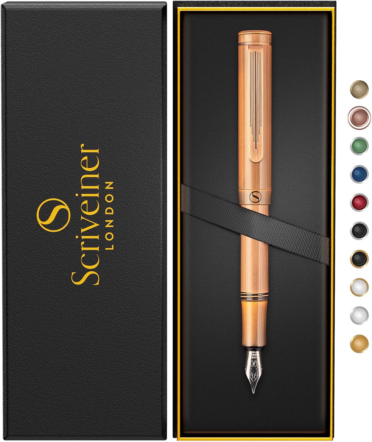 Scriveiner Luxury EDC Fountain Pen (Medium), Stunning Heavy Brass Pocket Pen, Hand Brushed Copper Finish, Schmidt German Nib Converter, Best Writing Pen Gift Set for Men Women, Nice Fancy Designer Pen