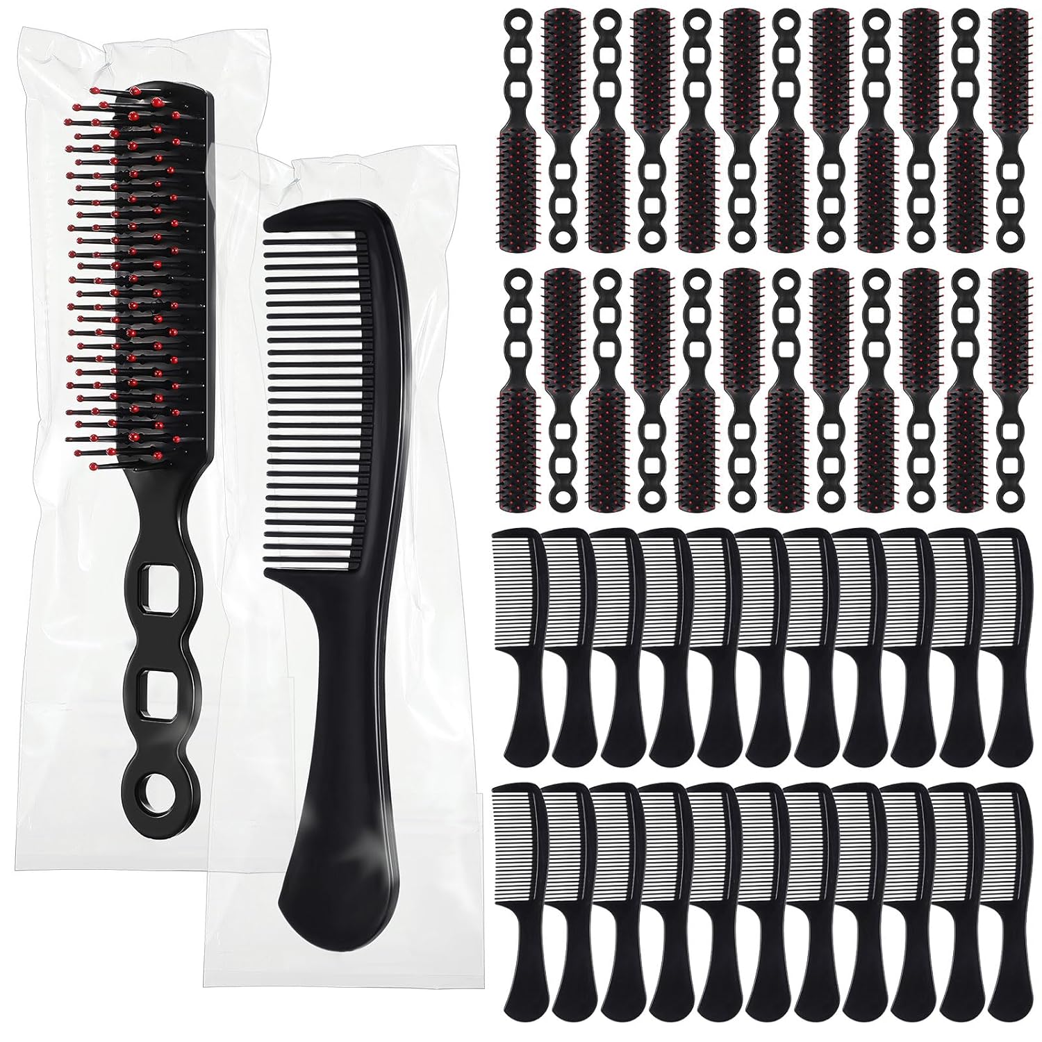 Baderke 48 Pcs Hair Grooming Set: Individually Wrapped Combs and Detangling Brushes for Curly, Thick, Long Hair - Ideal for Women, Kids, Hotels, and Charities (Black)