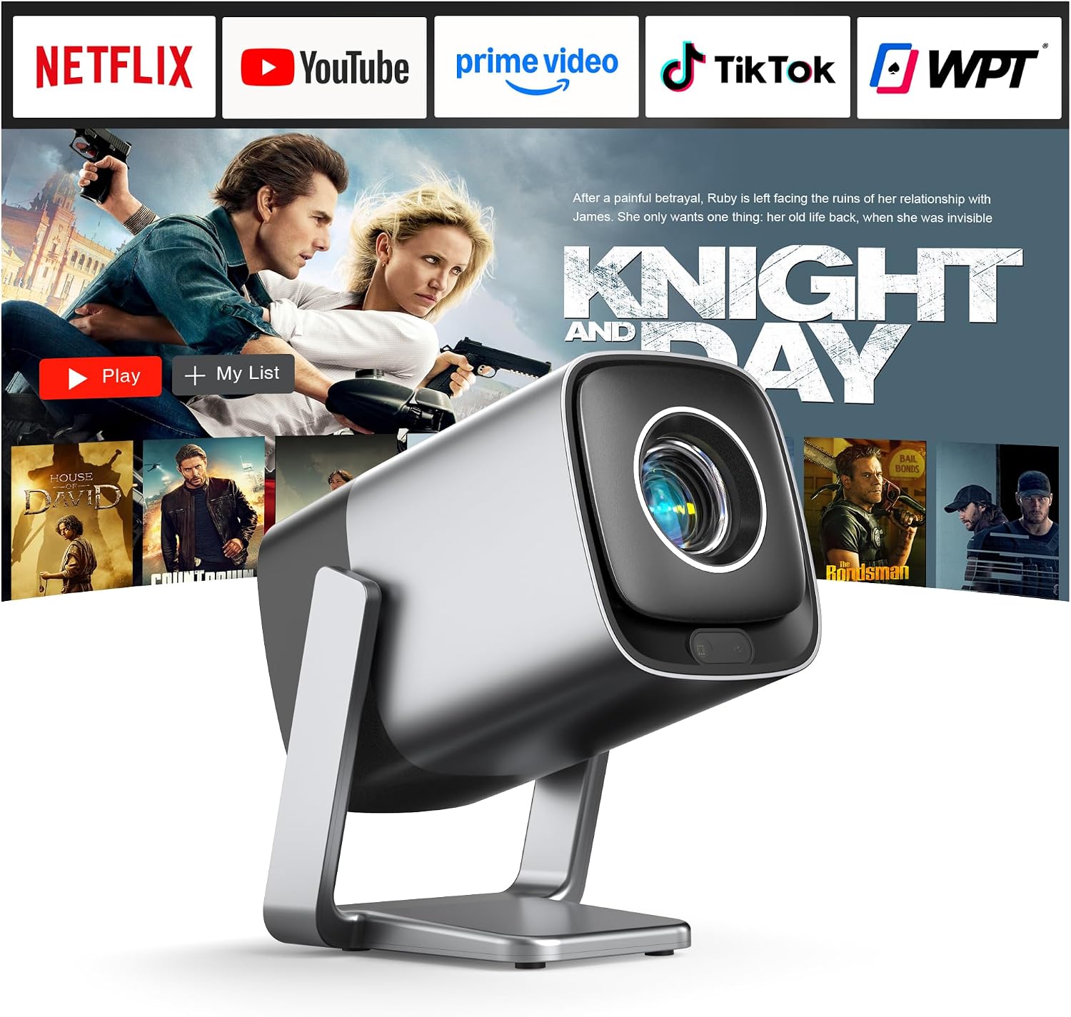 [Compatible with Netflix & TOF Real-time Focus] XuanPad Mini Silver Smart Projector 4K Support, WiFi & Bluetooth, Auto Keystone, 3D Dolby Audio, 210° Adjustable Stand for Home Movie Projector