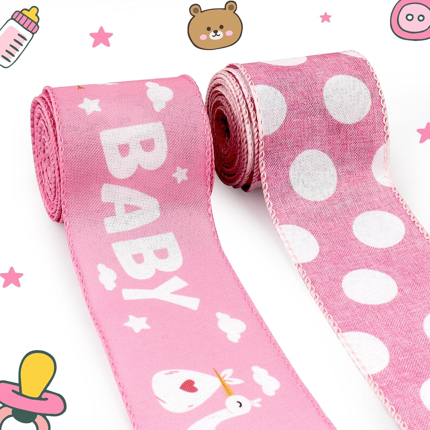 LANGFON 2 Rolls Baby Shower Ribbons Linen Dots Pink Stork Ribbons Stork Carrying Baby Wired Ribbons for Gender Reveal Party Baby Shower Family Surprise Craft Gift Wrapping Decoration Supplies 10 Yards