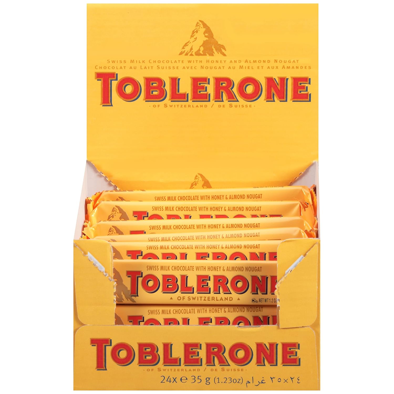 Toblerone Swiss Milk Chocolate with Honey & Almond Nougat, Valentines Day Chocolate Candy, 24 - 1.23 oz Bars