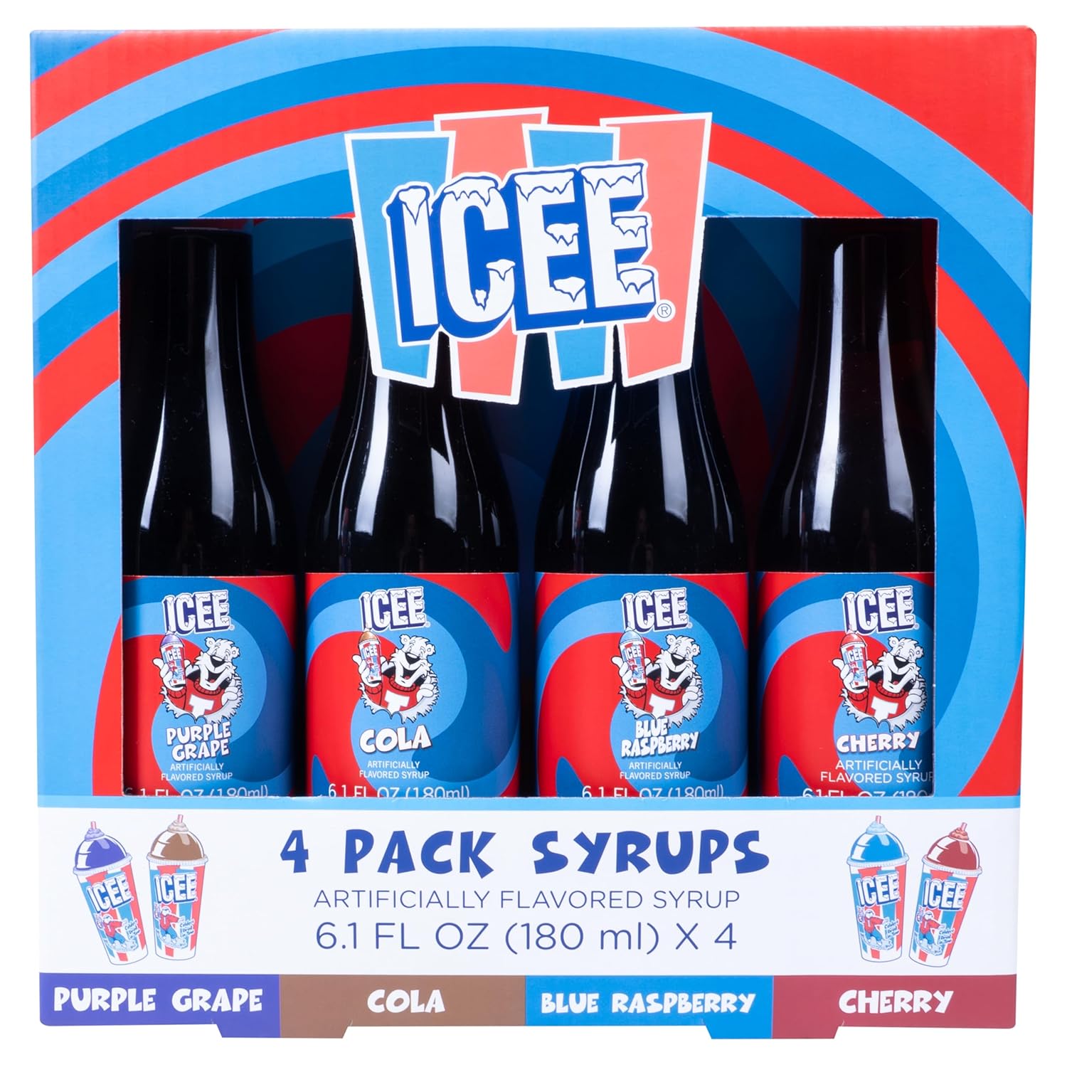 ICEE 4 Pack Slushie Syrups. Genuine ICEE Shaved Ice Snow Cone Syrups including Purple Grape, Cola, Blue Raspberry and Cherry Flavors. 4 x 6.1floz. Perfect For Snow Cones, Slushies, Sodas & Ice Pops.