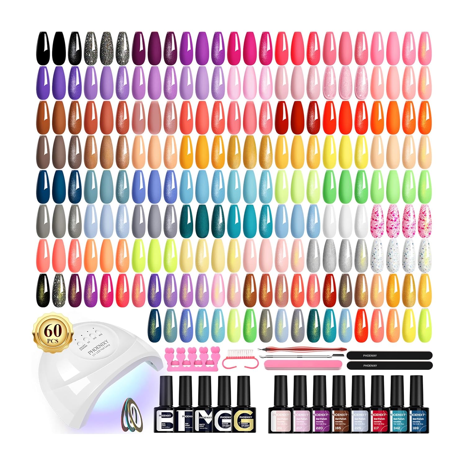 PHOENIXY 71 Pcs Gel Nail Polish Kit with U V Light, 60 pcs Gel Nail Kit with 5 Pcs Base Top Coat Manicure Starter Nail Polish Set Christmas Gifts for Women