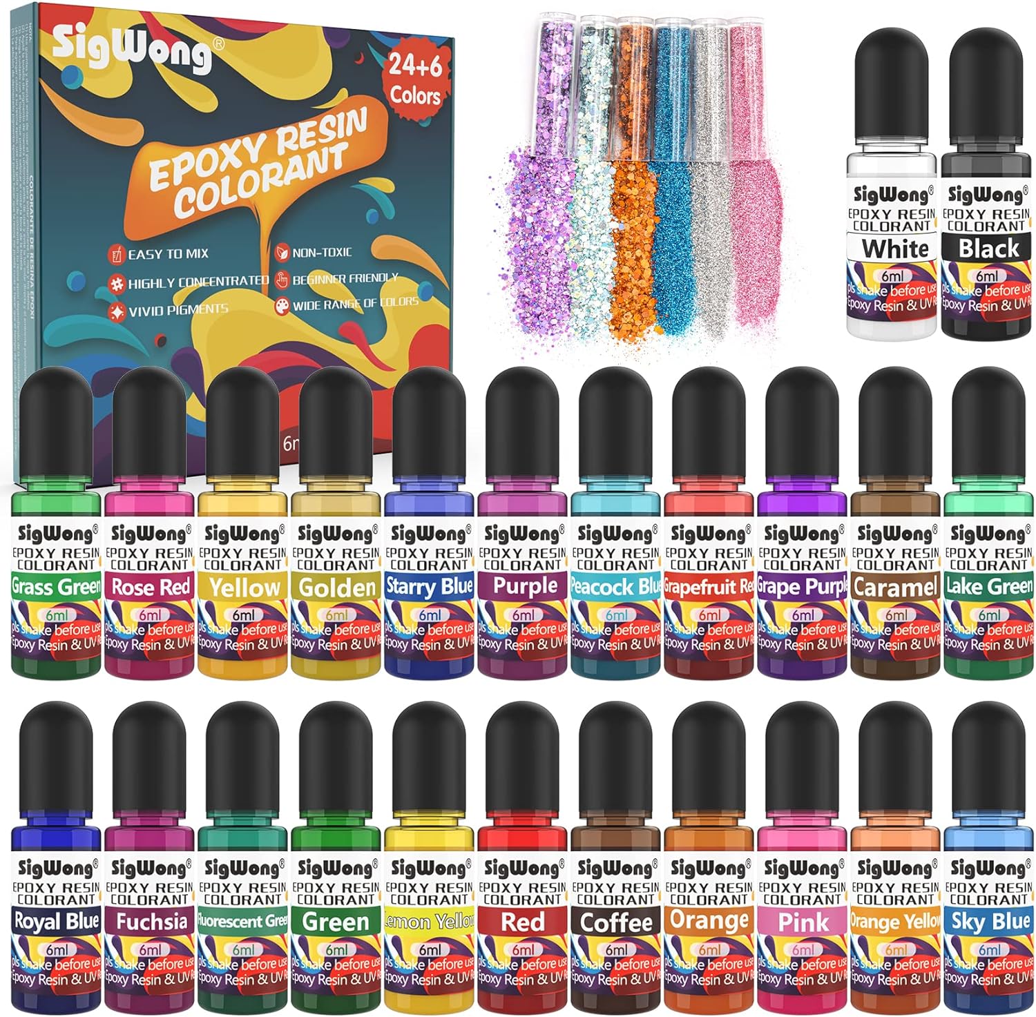 Epoxy Resin Pigment - 24 Colors Liquid Translucent Dye, Highly Concentrated for DIY Jewelry Making, Paint, Craft - 6ml Each, with 6 Colors Resin Glitter
