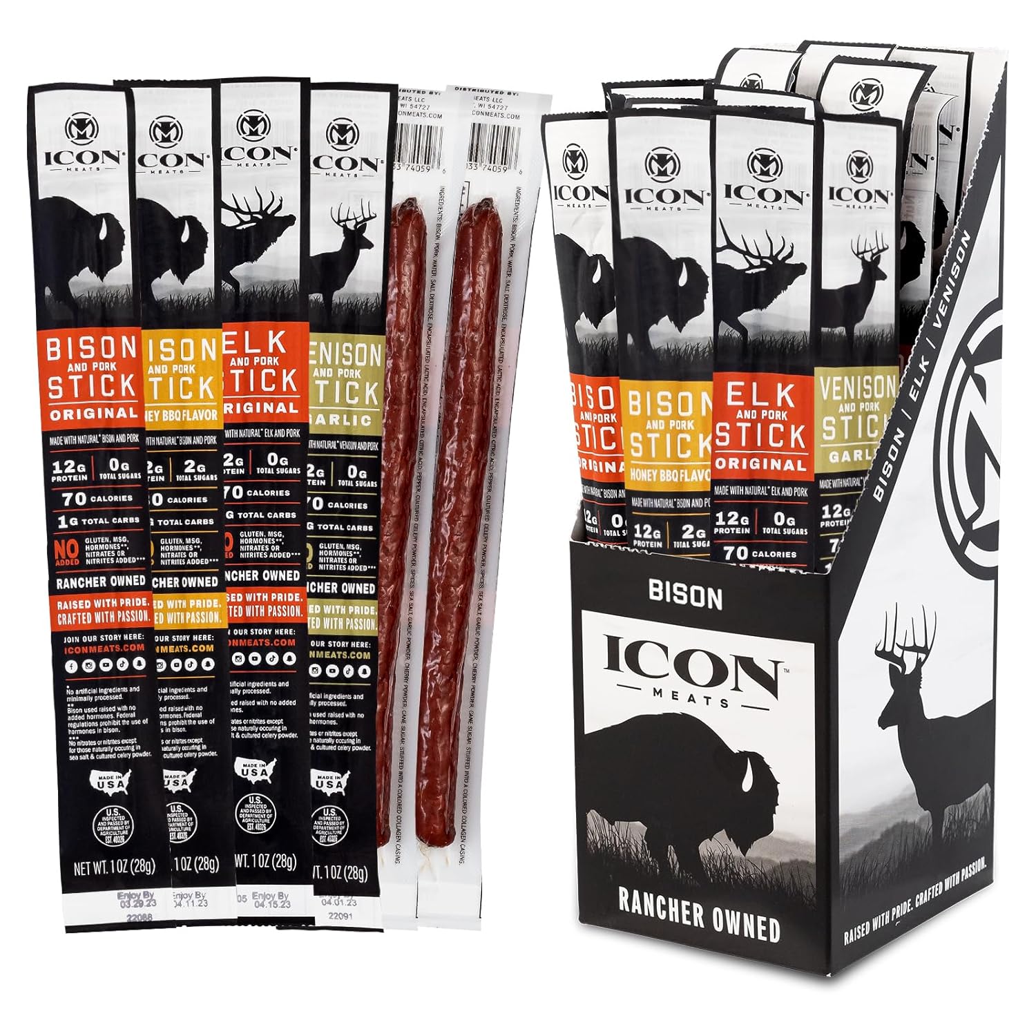 ICON Meats Snack Sticks Sampler - Assorted Flavors of Bison, Elk, Venison and Pork Jerky Sticks - 24 Pack of Individually Wrapped Meat Sticks, 6 Per Flavor – USDA Approved, All Natural Artisan Meats