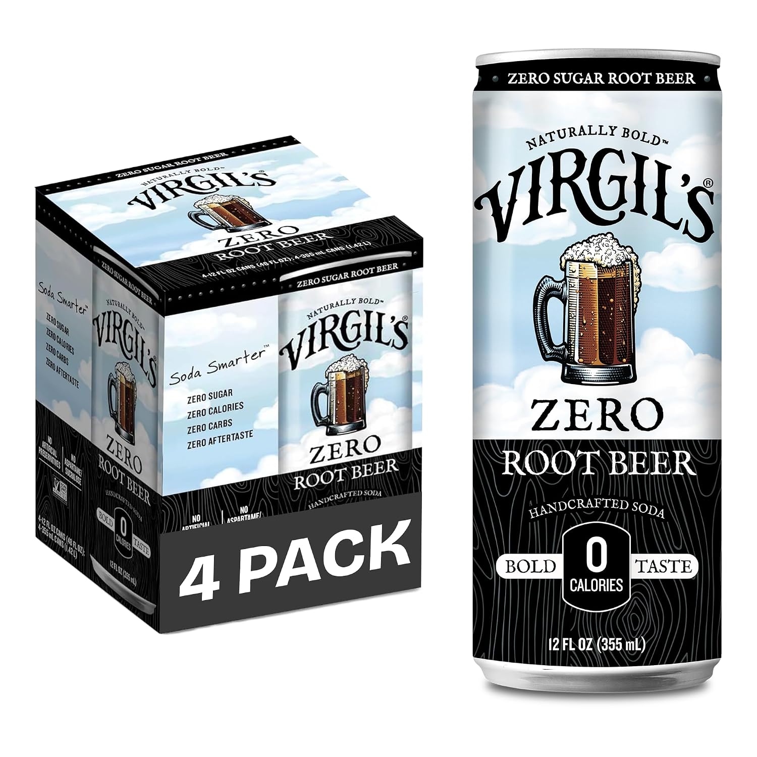 Virgil's Naturally Bold Zero Sugar Root Beer Soda, 4 Pack (12 fl oz Cans)