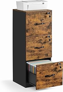 VASAGLE 3 Drawer File Cabinet, File Cabinet with Lock, Printer Stand, Office Filing Cabinet Organizer, for A4 and Letter Size Files, Rustic Brown and Black UOFC055B01