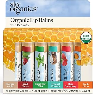 Sky Organics Organic Lip Balm with Beeswax and a Rich Nourishing Blend of Plant Oils, Moisturizing Lips Balms to Lock In Moisture and Keep Lips Feeling Soft and Smooth, Six Assorted Flavors, 6pk.