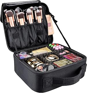 gzcz Travel Makeup Bag 10.4 Inches Portable Makeup Case Cosmetic Train Case Organizer Artist Storage Bag With Adjustable Dividers For Cosmetics Brushes Toiletry Jewelry Digital Accessories (Black)