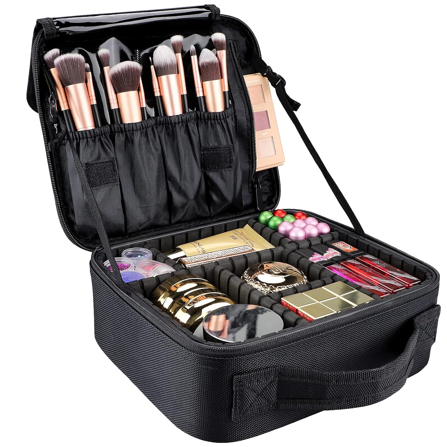 gzcz Travel Makeup Bag 10.4 Inches Portable Makeup Case Cosmetic Train Case Organizer Artist Storage Bag With Adjustable Dividers For Cosmetics Brushes Toiletry Jewelry Digital Accessories (Black)