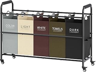 Tajsoon 5 Bag Laundry Sorter Cart, 5 Section Laundry Hamper Sorter with Heavy Duty Lockable Rolling Wheels for Dirty Clothes Storage, 5 Colors