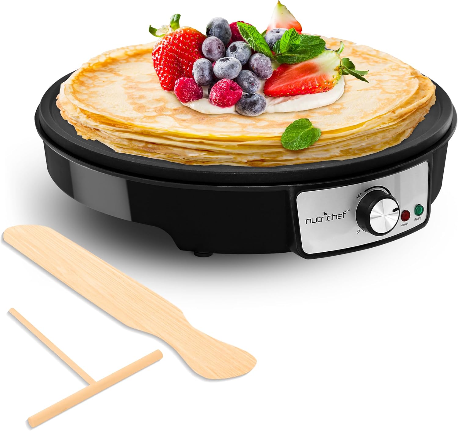 Nutrichef Electric Crepe Maker & Griddle Cooktop - Nonstick 12 Inch Aluminum Hot Plate with LED Indicator Lights & Adjustable Temperature Control - Wooden Spatula & Batter Spreader Included