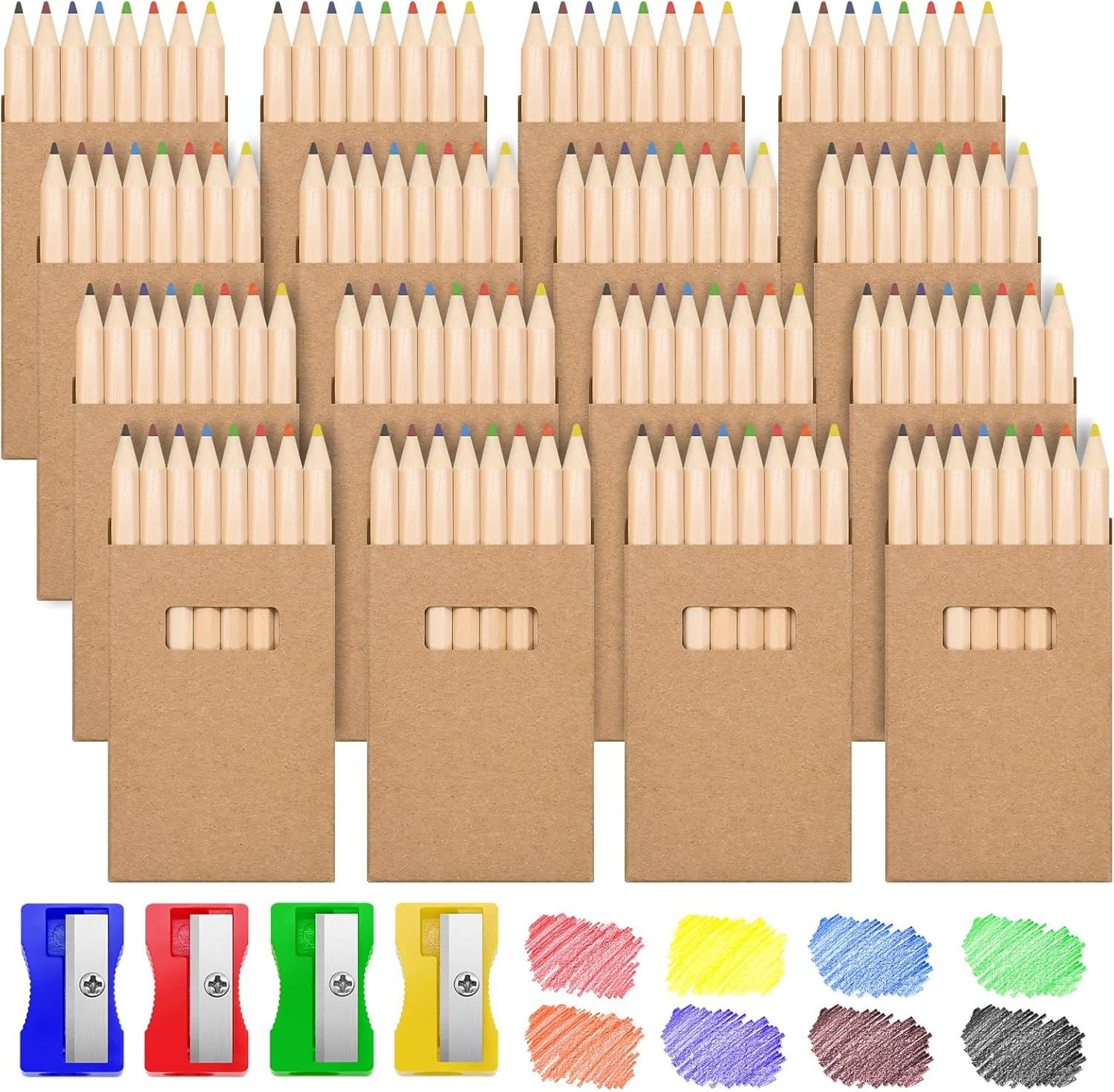 Sheryl&Rain 128 Pcs Mini Colouring Pencils, 8 Assorted Colours Small Colored Pencil Short with 4 Sharpeners, 16 Pack Mini Colouring Crayon Pencils Wooden for Kids Party Bags Gift Drawing