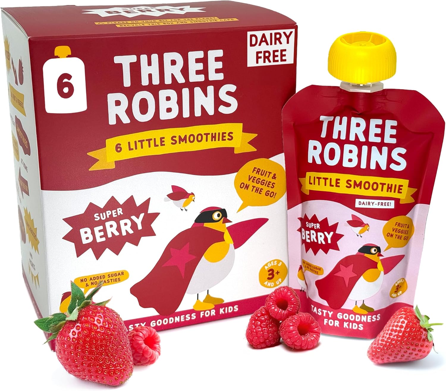 Three Robins Super Berry Little Smoothies - Real Fruit and Veggies, No Added Sugar, School Lunchbox Friendly, On the Go Snacking for Kids, Dairy Free, Healthy (6 x 100g)