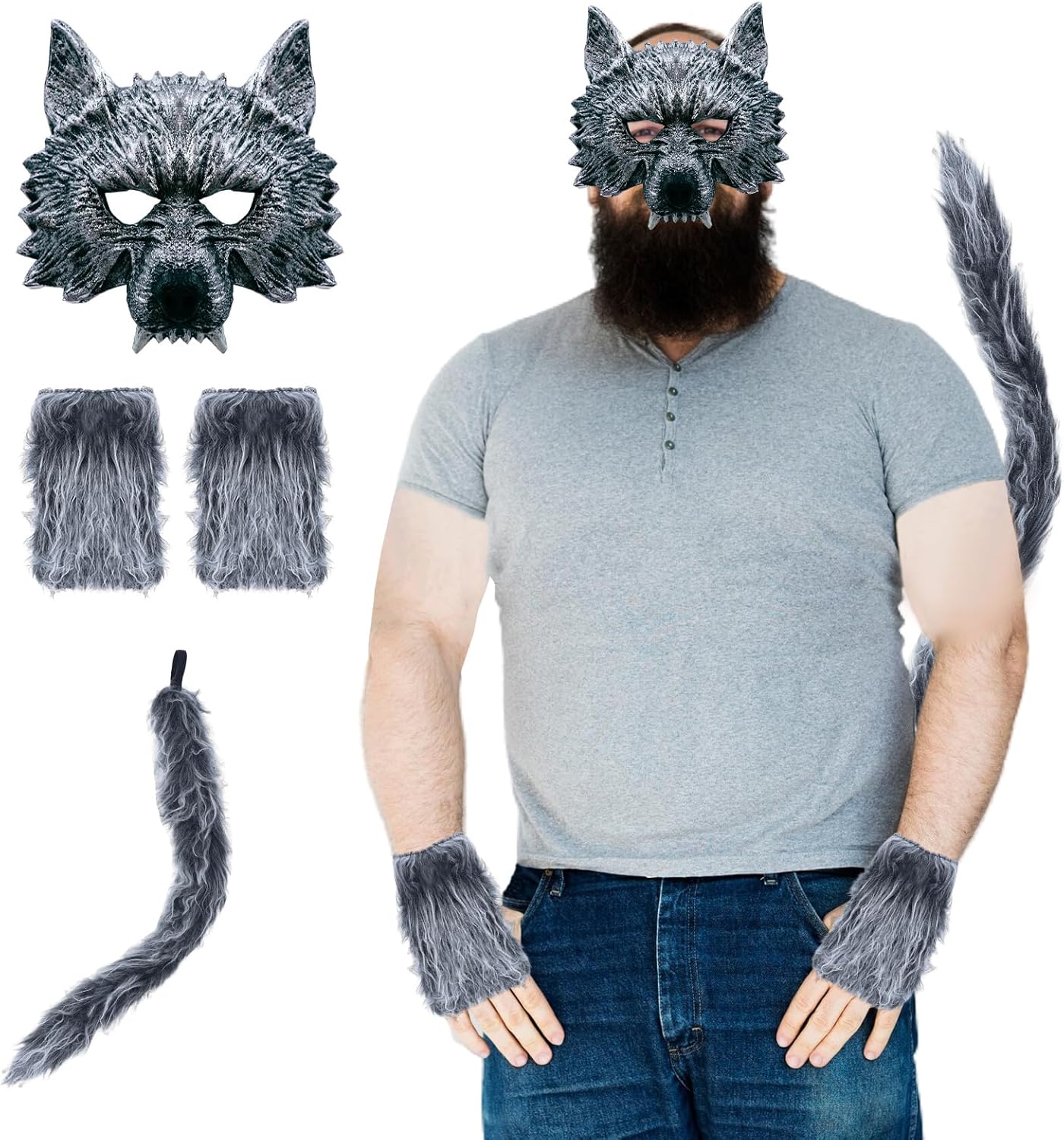 M&G House Werewolf Mask Wolf Costume Set Mask, Gloves, and Tails Halloween Wolf Dress-Up Headband Costume Big Bad Wolf Ears Headband Cosplay Kit