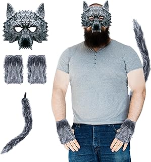 M&G House Werewolf Mask Wolf Costume Set Mask, Gloves, and Tails Halloween Wolf Dress-Up Headband Costume Big Bad Wolf Ears Headband Cosplay Kit