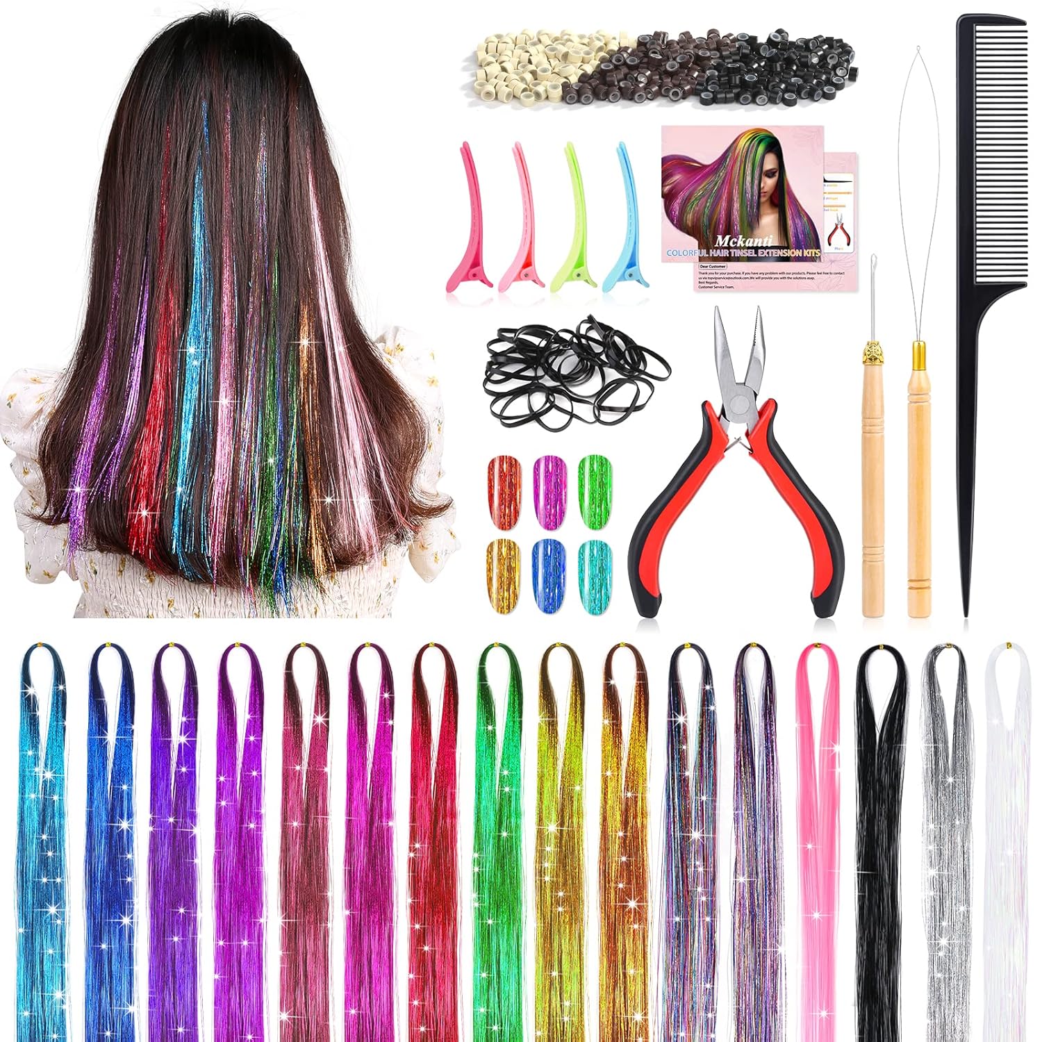 Mckanti 16 Colors Hair Tinsel Kit with Tool, 47 inch 3200 Strands Tinsel Hair Extensions for Women Girls, Fairy Hair Tinsel Glitter Sparkling Shiny Colorful Synthetic Hair for Party Daily Life Fashion