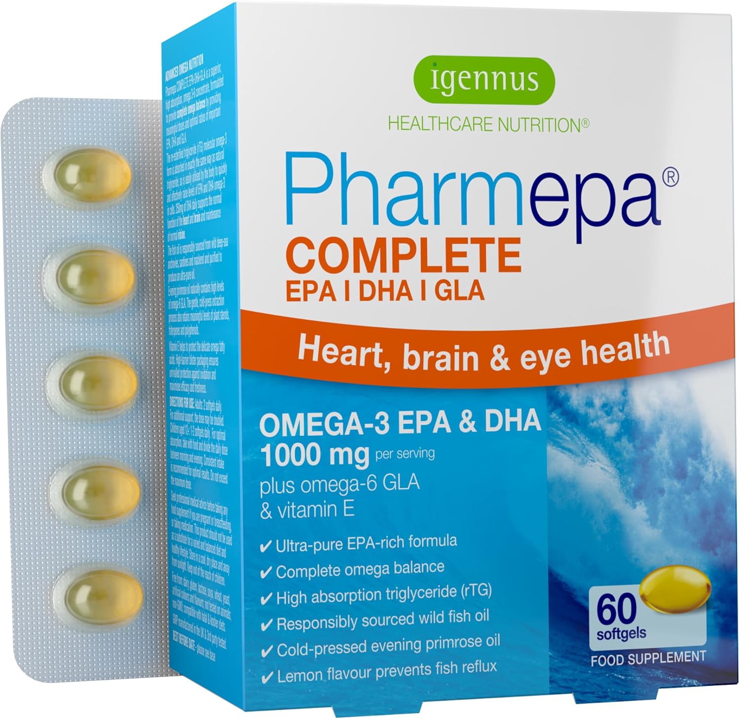 Igennus Pharmepa Complete EPA DHA rTG Omega 3 Fatty Acids 1000mg, IFOS Certified, Fish Oil Plus Omega 6 GLA Evening Primrose Oil, High Potency, Lemon Flavour, 60 Softgels