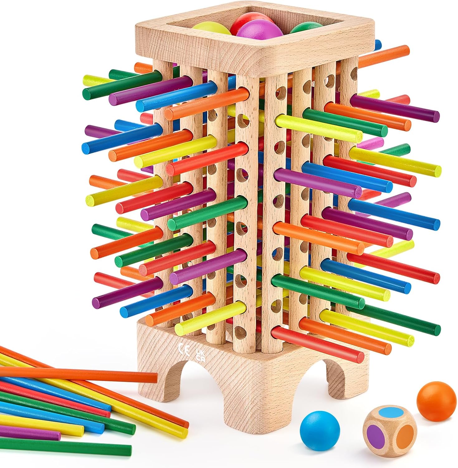 Wooden Board Game,Montessori Toy with 42 Colorful Wooden Sticks and Dice,Fine Motor Skills Educational Toy,Family Travel Game Outdoor Children's Game for 3 4 5 6 Years Old Kids