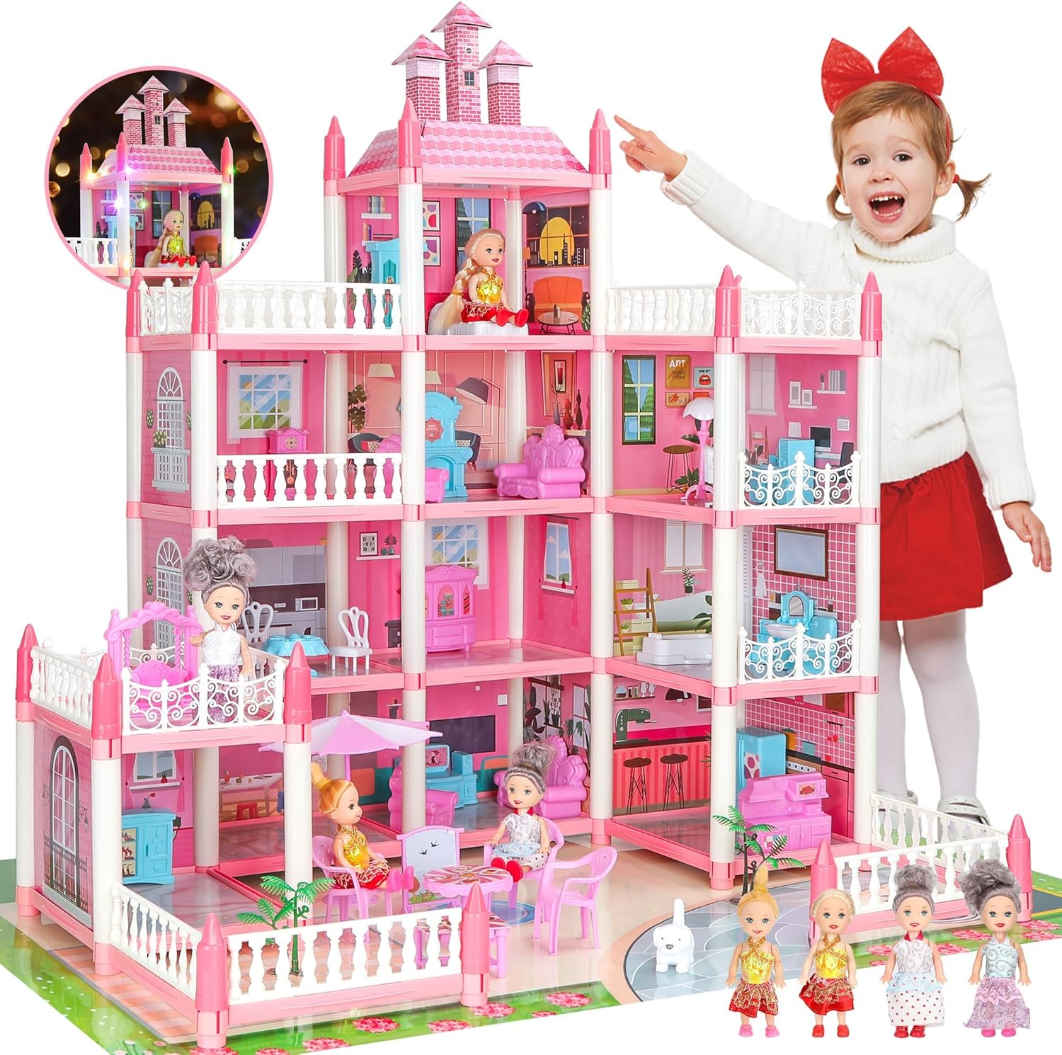 Pink Doll Houses for Girls, Playhouse 4-Story 11 Rooms with 4 Dolls & Furniture Accessories & Flashing Lights, Princess Doll House Toy Toddler Birthday Gift for 3 4 5 6 7 8 Year Old