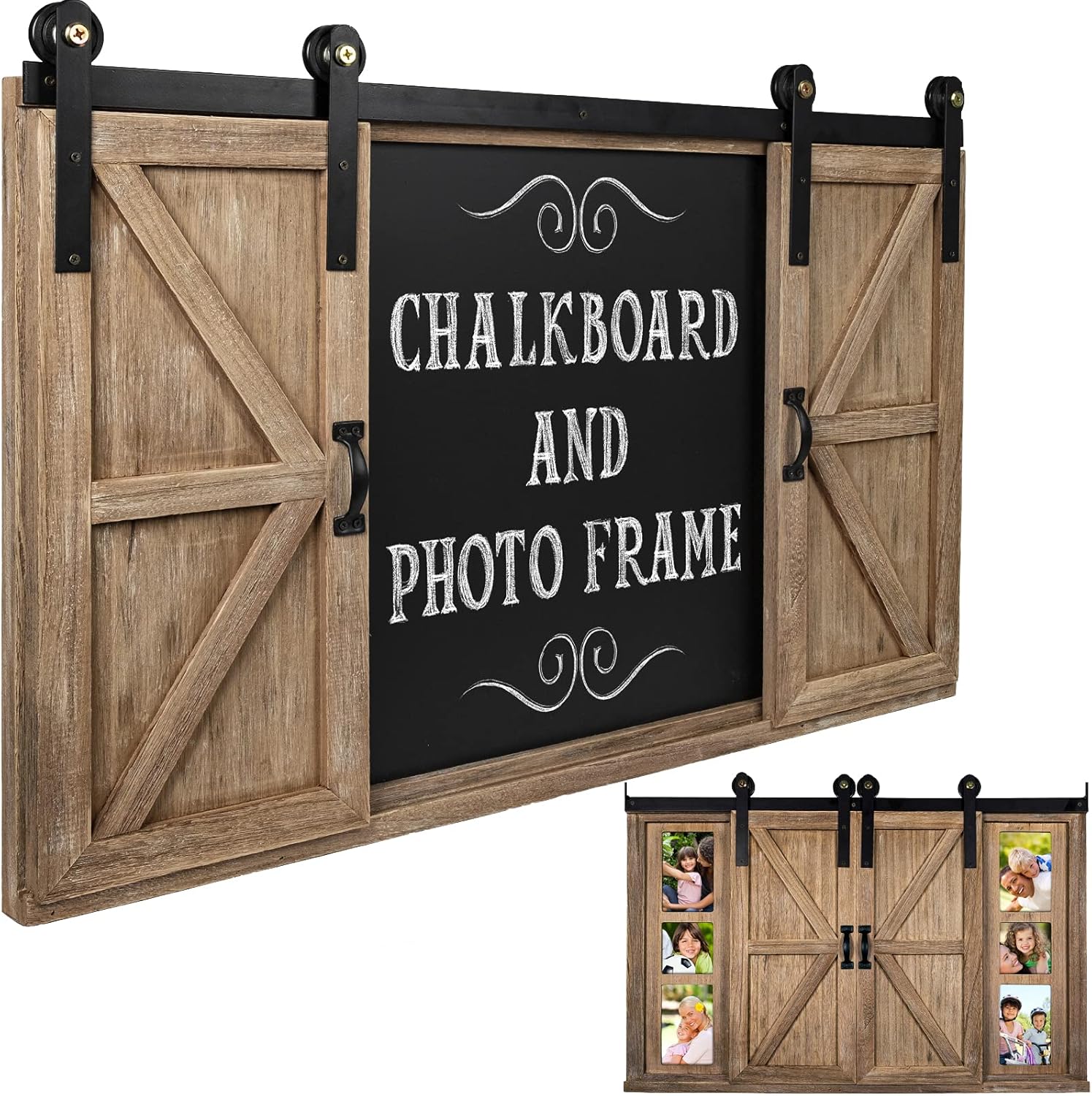 Excello Global Products Rustic Wood Chalkboard with Four 4x6 Hideaway Photos: Large Wall Mounted Magnetic Chalk Board, Perfect for Kitchen Dcor, Restaurant Menu, Bulletin Sign